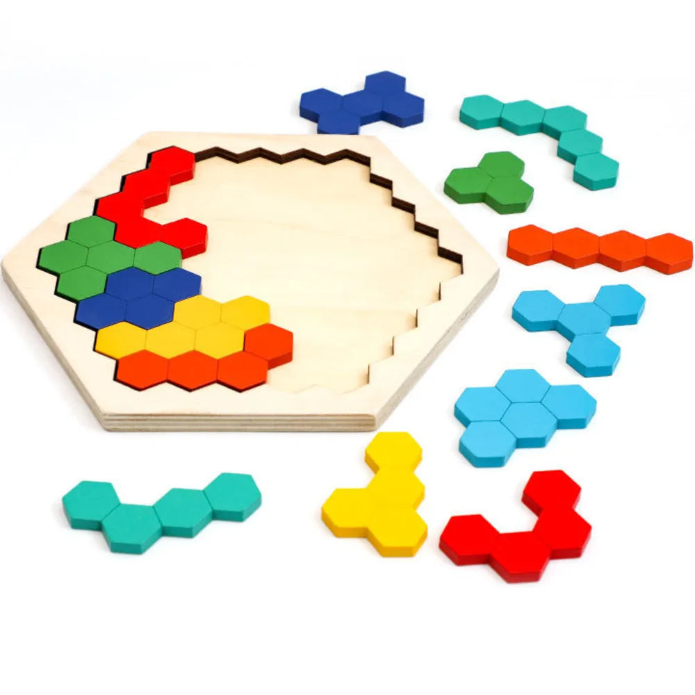 Puzzle Hexagonal en bois, jouets Montessori